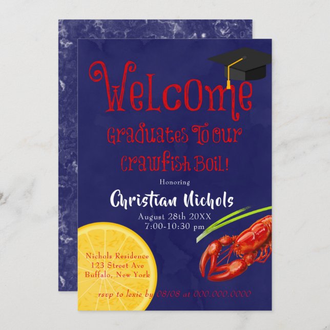 Crawfish Boil Blue Graduation Party Invitation (Front/Back)