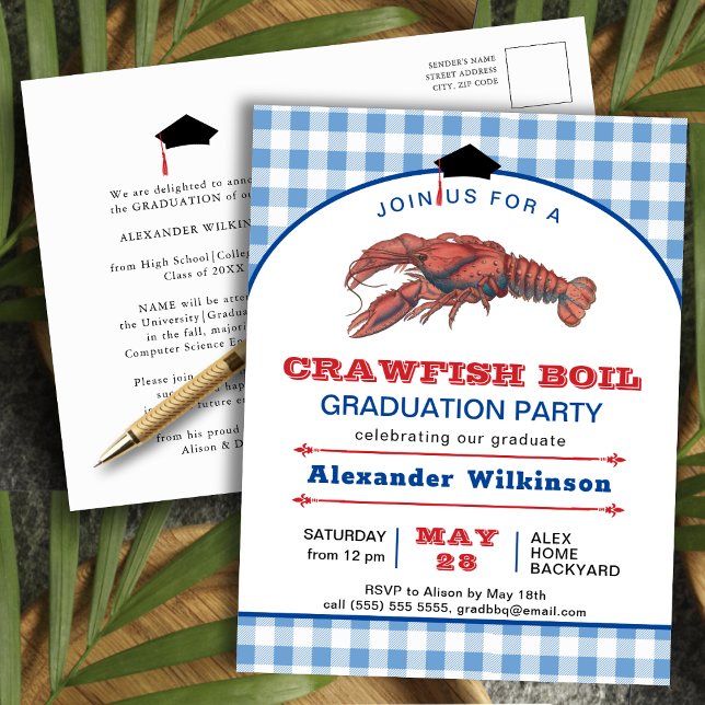Crawfish Boil Blue Plaid GRAD Party Invitation Postcard (Creator Uploaded)
