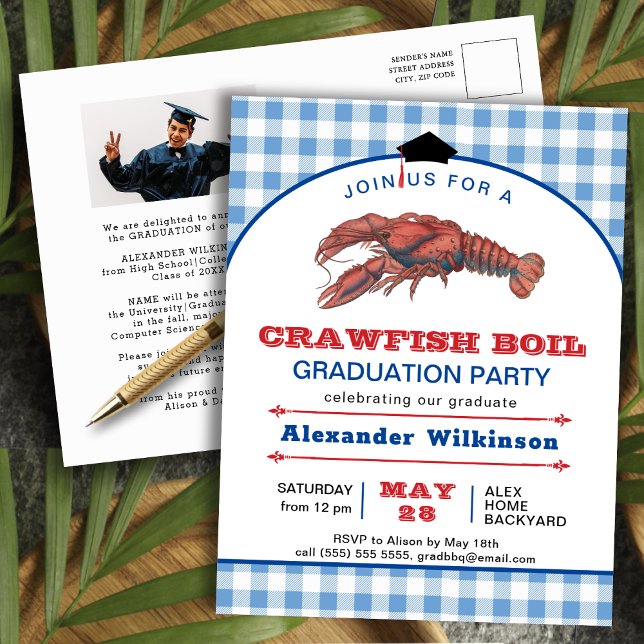 Crawfish Boil Blue Plaid GRAD Photo Invitation Postcard (Creator Uploaded)