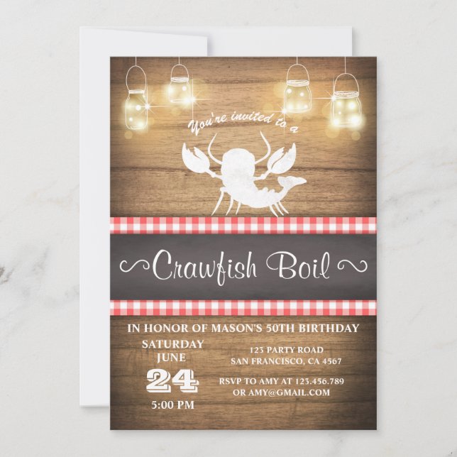 Crawfish boil invitation Rustic wood Birthday BBQ (Front)