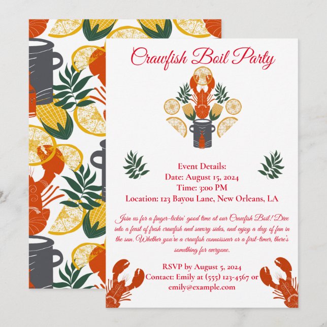 Crawfish Boil Invitation–Summer Seafood Cookout Invitation (Front/Back)