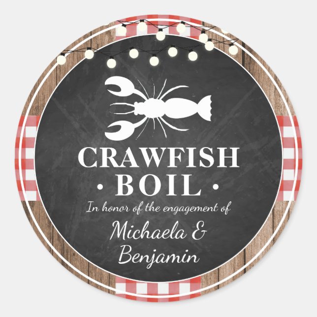 Crawfish Boil Lobster Engagement Party Rustic Classic Round Sticker (Front)