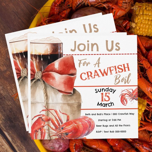 Crawfish Boil Party Invitation (Crawfish and crayfish boil party invitations you can customize.  Cute red crawfish and beer, burlap.)
