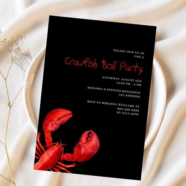 Crawfish boil party red lobster black invitation (Creator Uploaded)