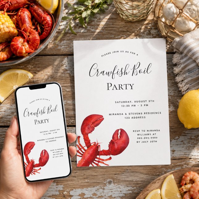 Crawfish boil party red lobster white  invitation (Creator Uploaded)