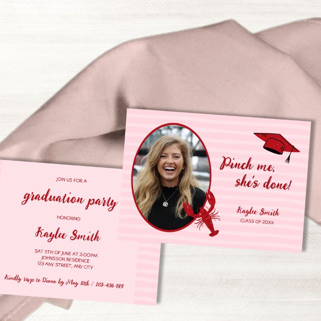Crawfish Boil Pinch Me Pink & Red Photo Graduation Invitation (Crawfish Boil Pinch Me Pink & Red Photo Graduation Invitation)