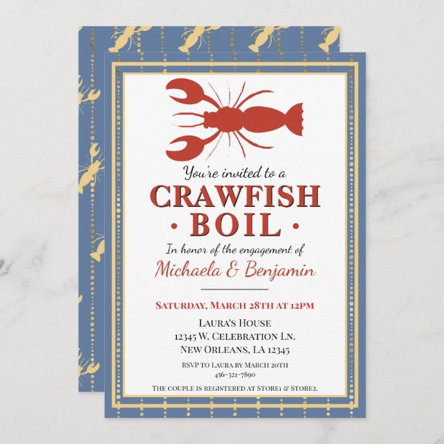 Crawfish Boil Seafood Blue Engagement Party Invitation (Front/Back)