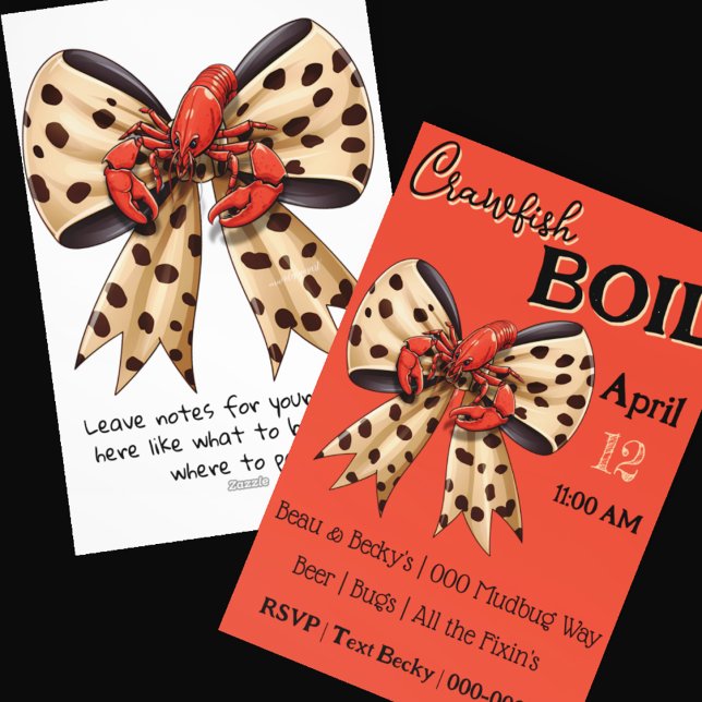Crawfish Boil with Leopard Bow and Cute Mudbug Holiday Card (Crawfish and mudbug boil party invitation you can customize on the front and revers)