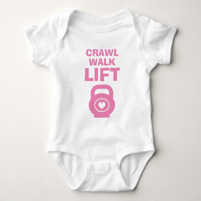 CRAWL WALK LIFT cute pink kettlebell baby bodysuit (Front)