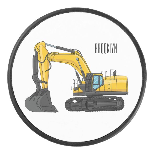 Crawler excavator cartoon illustration hockey puck (Front)