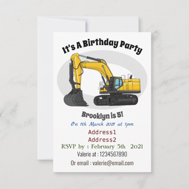 Crawler excavator cartoon illustration invitation (Front)