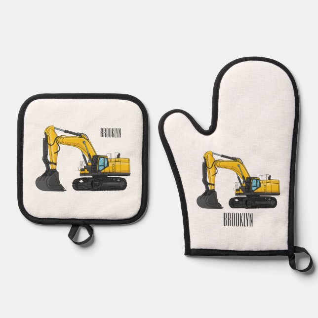 Crawler excavator cartoon illustration oven mitt & pot holder set (Front)