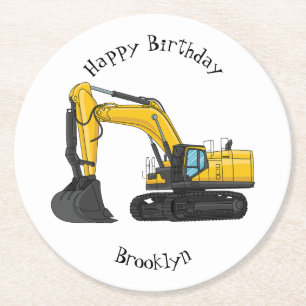 Crawler excavator cartoon illustration round paper coaster