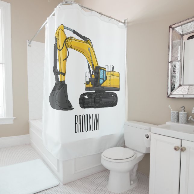 Crawler excavator cartoon illustration shower curtain (In Situ)
