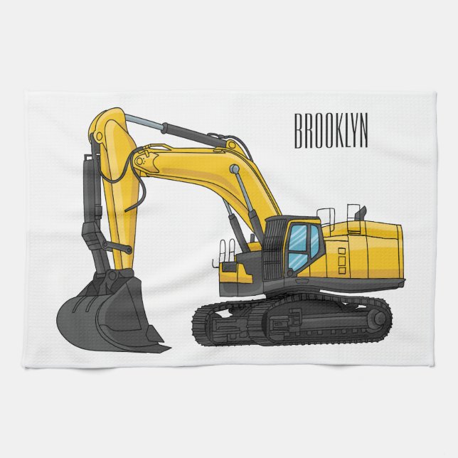 Crawler excavator cartoon illustration tea towel (Horizontal)