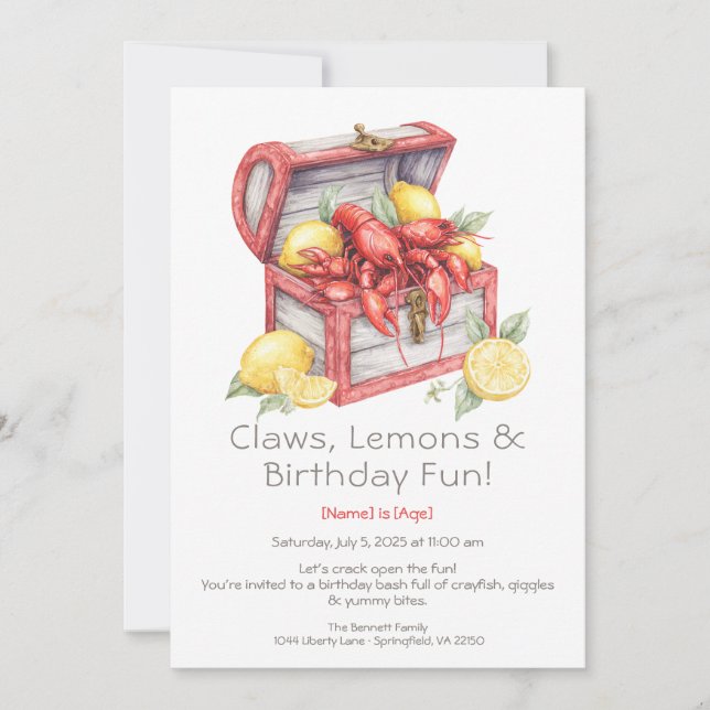 Crayfish & Lemon Treasure Chest Birthday  Invitation (Front)