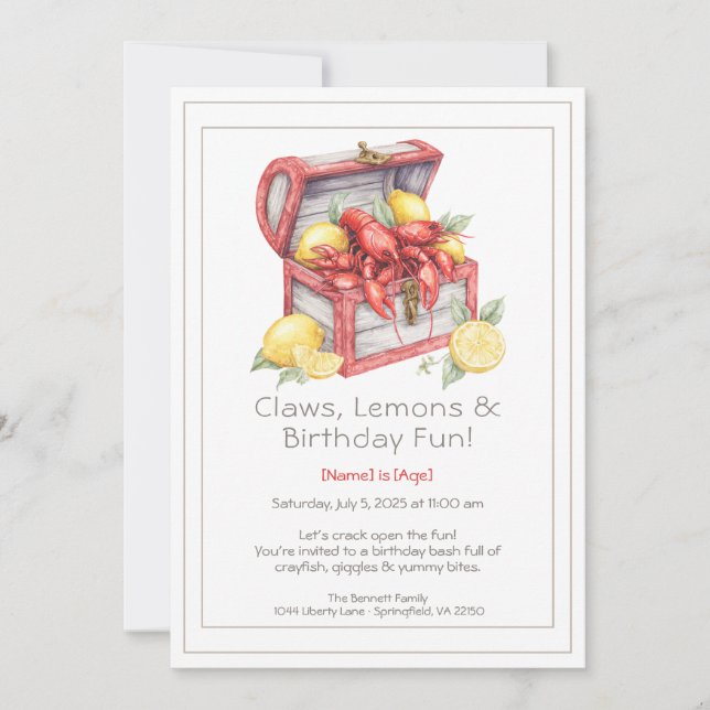 Crayfish & Lemon Treasure Chest Birthday  Invitation (Front)