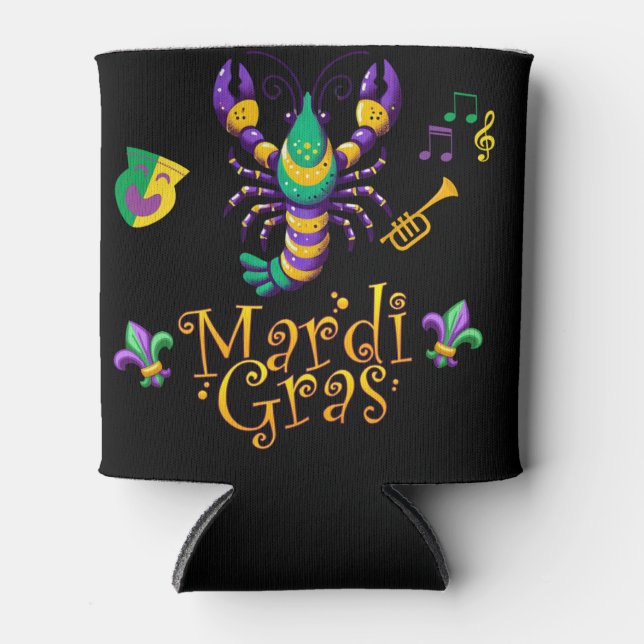 Crayfish/trumpet/mask/fleur de lis Mardi Gras  Can Cooler (Front)