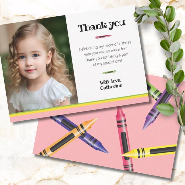 Crayon 2nd Birthday Pink Photo Thank You Card (Creator Uploaded)