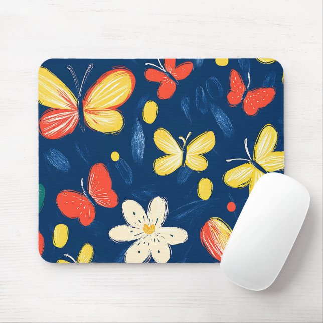 Crayon and Butterfly Flowers Mouse Pad (With Mouse)
