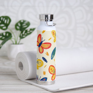 Crayon and Butterfly Flowers Water Bottle