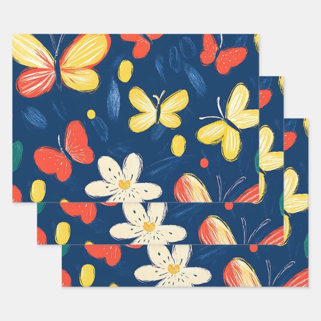 Crayon and Butterfly Flowers   Wrapping Paper Sheet (Set)