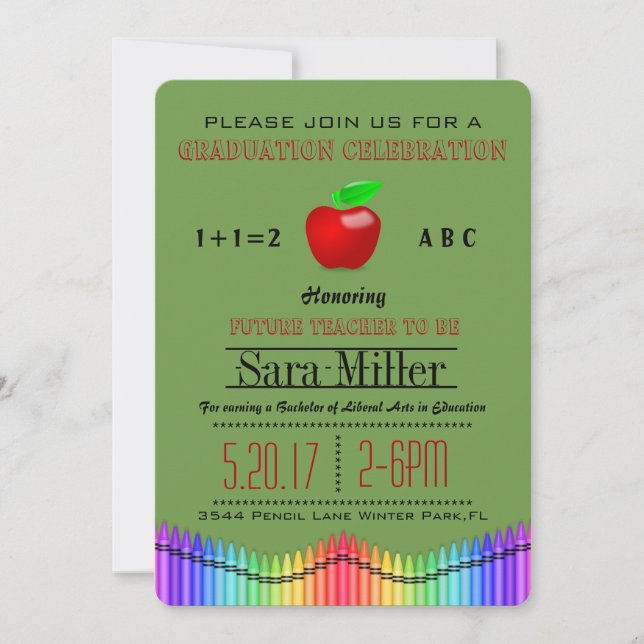 Crayon & Apple Teacher Graduation Invitation (Front)