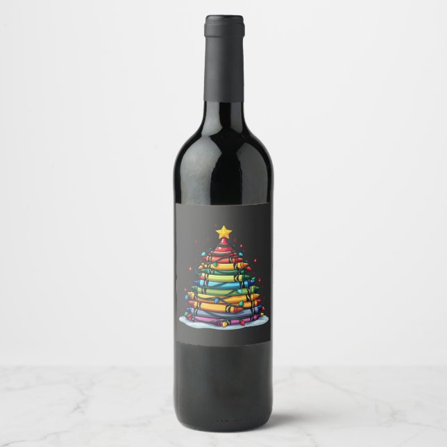 Crayon Christmas Tree Teacher Student Xmas Wine Label (Front)