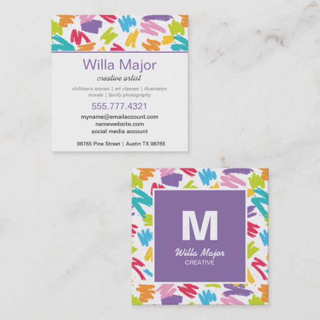 Crayon Colour Splashes Artsy Creative Square Business Card (Front/Back)