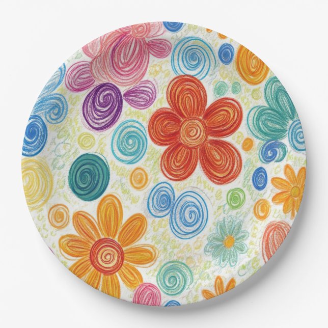 Crayon Doodle Daisy Design Paper Plate (Front)