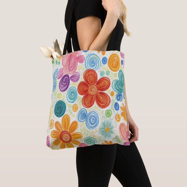 Crayon Doodle Daisy Design Tote Bag (Close Up)