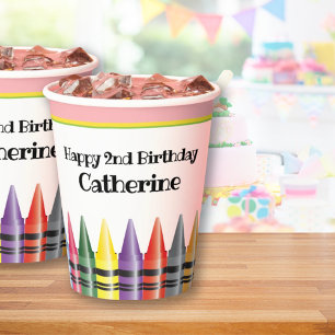 Crayon Happy 2nd Birthday Pink Green Party Kids Paper Cups