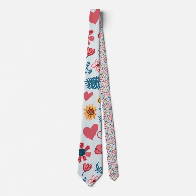 Crayon Pastel Heart & Flowers Tie (Front)