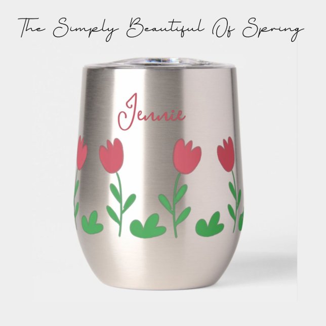 Crayon Red Tulip Flower and Green Bushes in Spring (Red tulip in stainless bottle Tumbler)