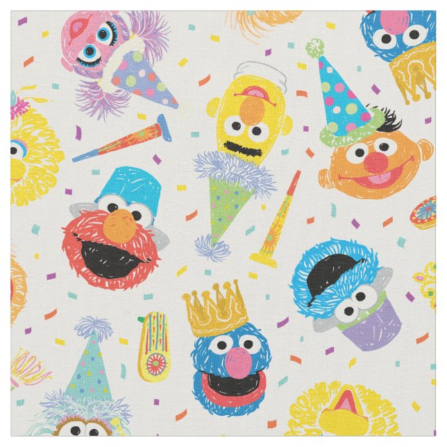Crayon Sesame Pals Party Pattern Fabric (Close Up)