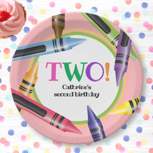 Crayon TWO 2nd Birthday Party Girly Pink Green Paper Plate