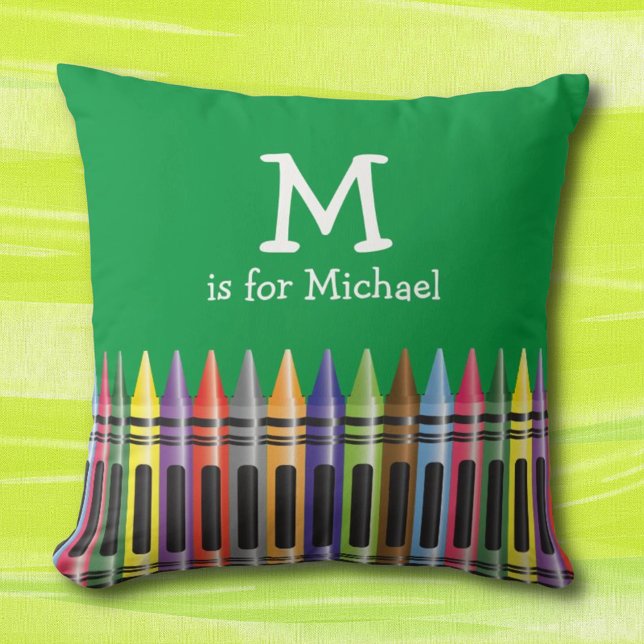 Crayons Kids Green Monogram Name Pattern Cushion (Creator Uploaded)