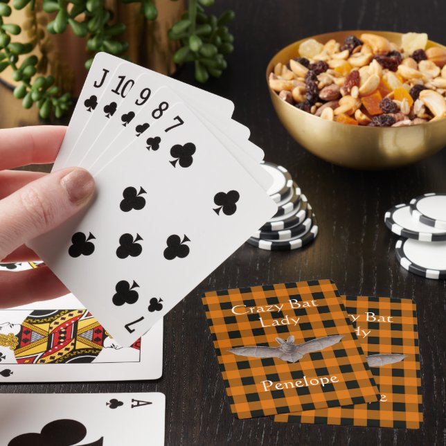 Crazy Bat Lady Orange and Black Gingham with Name Playing Cards (In Situ)