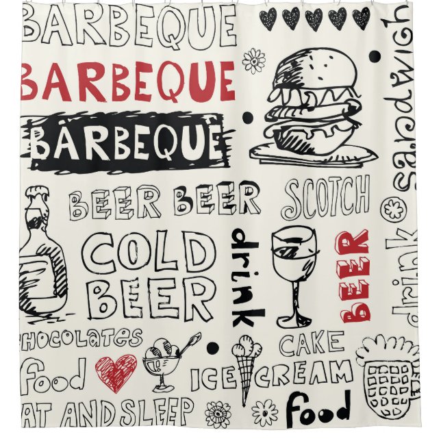 Crazy BBQ: Whimsical Doodle Art Shower Curtain (Front)