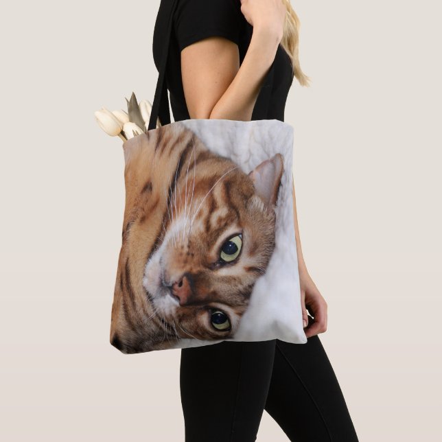 Crazy Bengal Cat Tote Bag, Add Your Own Meme Bag (Close Up)