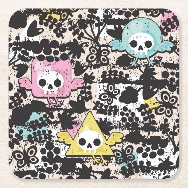 Crazy birds pattern square paper coaster (Front)