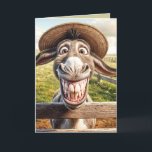Crazy Birthday Donkey Wearing a Hat Card<br><div class="desc">A donkey with a comical exaggerated smile stands behind a wooden fence,  wearing a straw hat for getting older birthday.
All text is editable.</div>