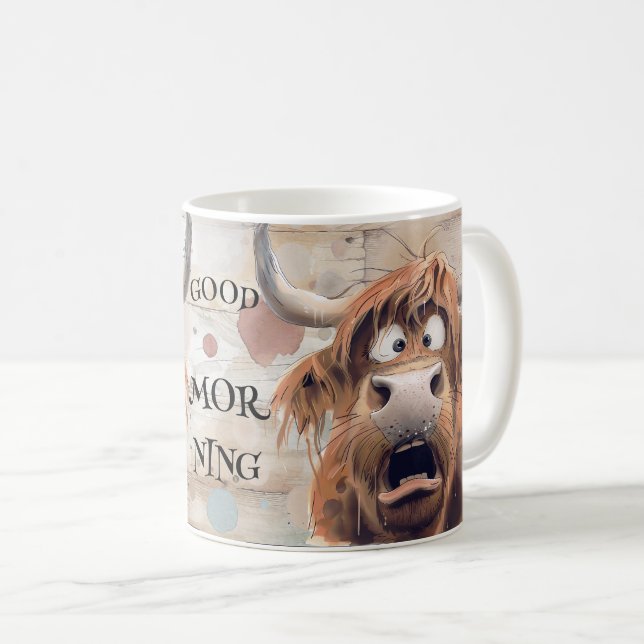 Crazy Cartoon Highland Cow Coffee Mug (Front Right)
