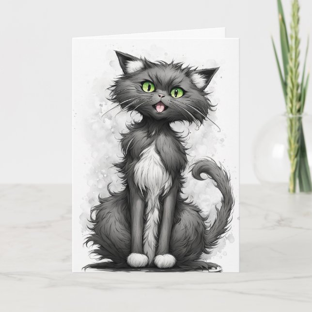 Crazy Cat Cartoon Birthday Card (Front)