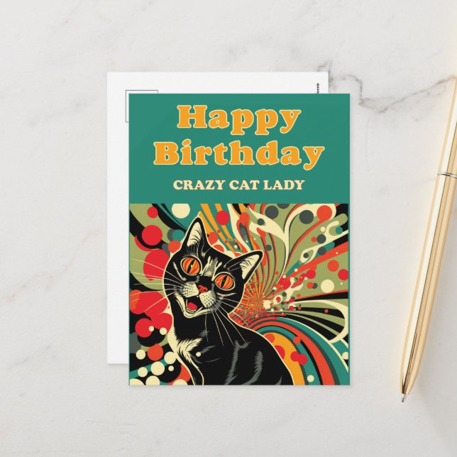 Crazy Cat Lady Birthday Holiday Postcard (Front/Back In Situ)