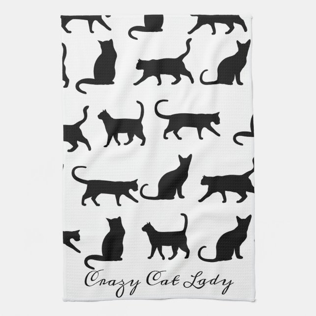 Crazy Cat Lady Black Cat Silhouettes Tea Towel (Vertical)