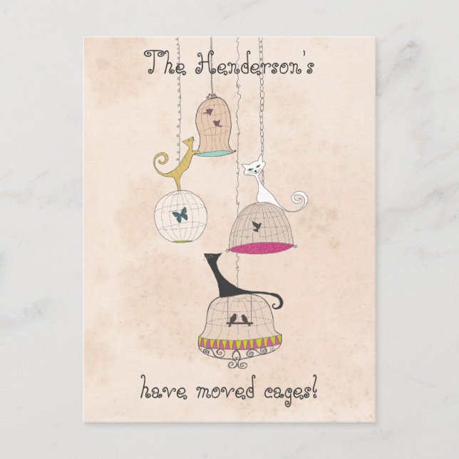 Crazy Cat Lady Cats n Birdcages change of address Announcement Postcard (Front)
