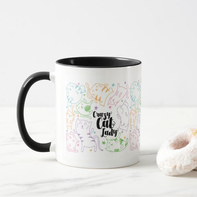 Crazy Cat Lady Colourful Cartoon Pattern Gift Mug (With Donut)