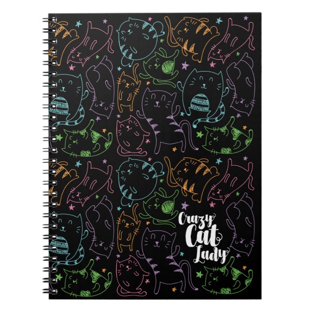 Crazy Cat Lady Colourful Cartoon Pattern Gift Spiral Notebook (Front)