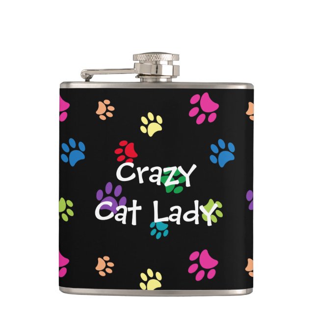 Crazy Cat Lady Colourful Paw Prints Hip Flask (Front)